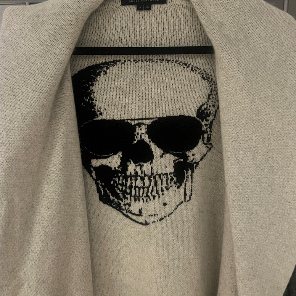 Skull Cashmere Open Front Cardigan Gray Black Off White Small - Picture 6 of 7